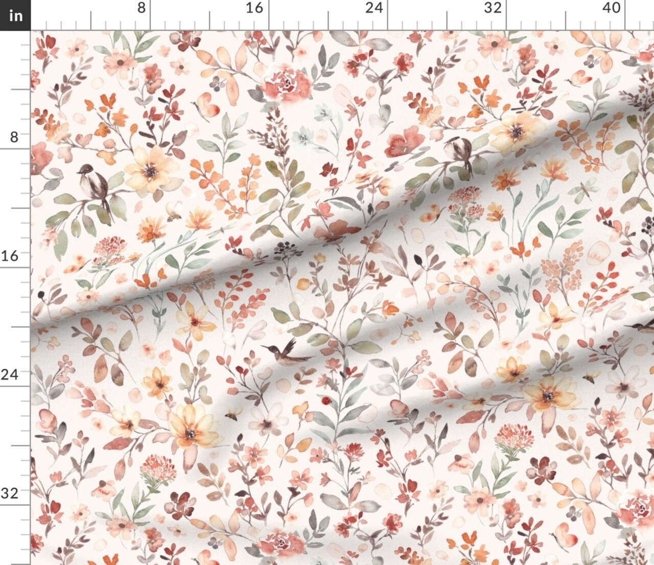 Watercolor Cottagecore Floral Wildflowers Hummingbird Bees Nature Botanical Meadow Butterfly Birds Garden Pink Flowers Boho Farmhouse Rustic Custom Printed Fabric by Spoonflower Various Fabrics by the Yard or Fat Quarter